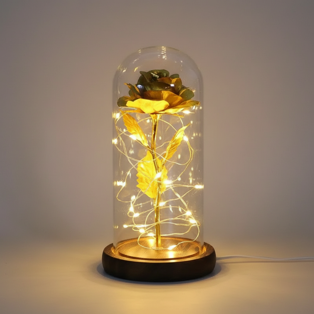 Rose Éternelle Sous Cloche Dorée Veilleuse de rêve
