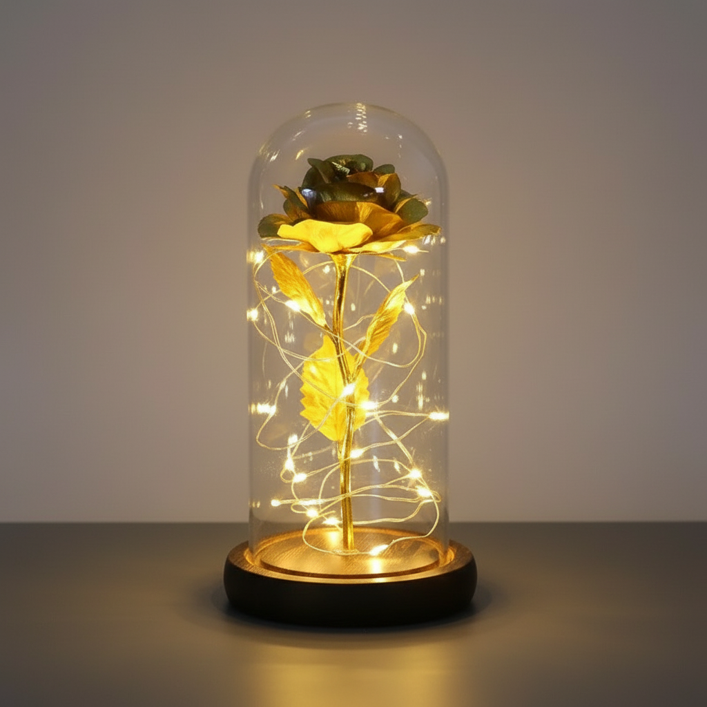 Rose Éternelle Sous Cloche Dorée Veilleuse de rêve
