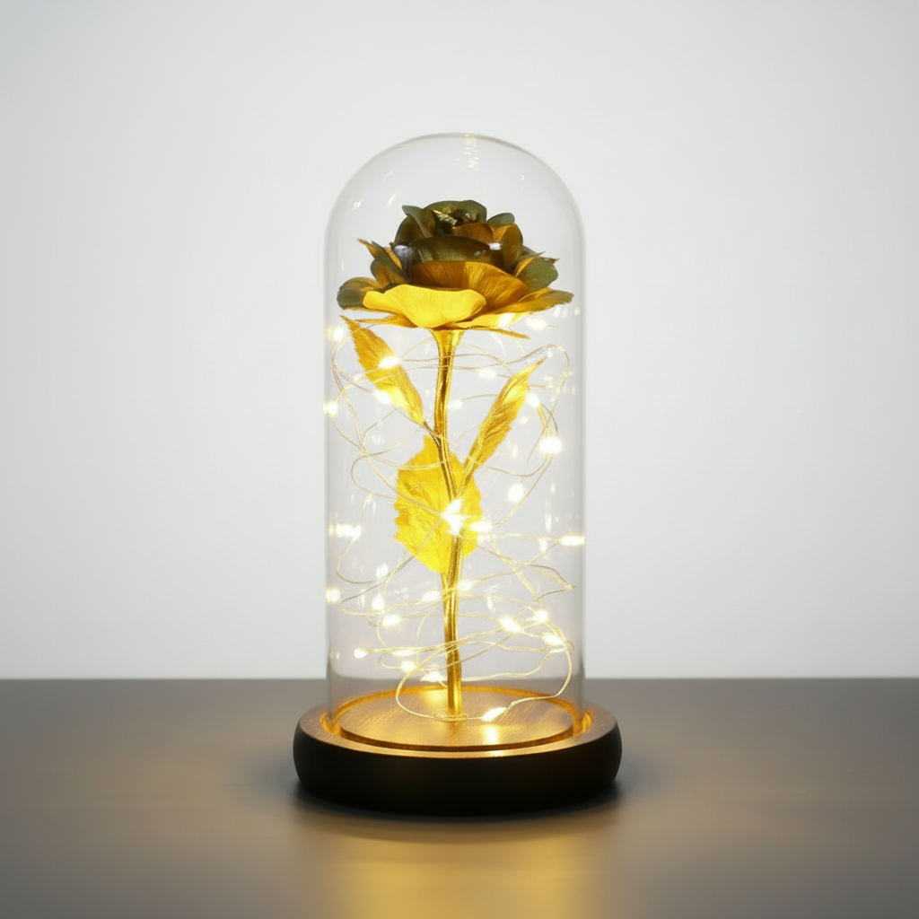 Rose Éternelle Sous Cloche Dorée Veilleuse de rêve