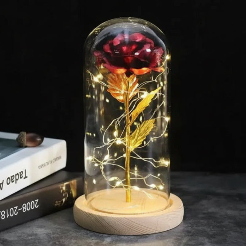 Rose rouge sous cloche en verre utilisée comme décoration d’intérieur