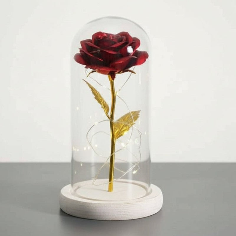 Rose éternelle sous cloche verre rouge lumineuse déco