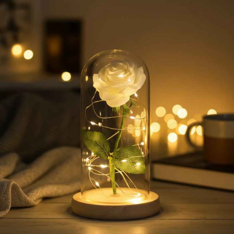 Rose blanche stabilisée sous cloche avec lumière LED tamisée chaleureuse