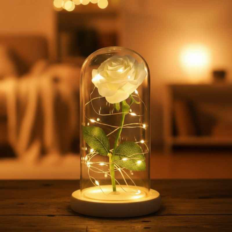 Rose éternelle blanche sous cloche cadeau mariage anniversaire durable