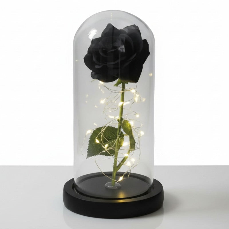 Rose éternelle noire sous cloche verre déco chambre