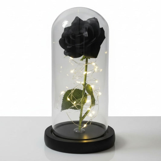 Rose éternelle noire sous cloche verre déco chambre