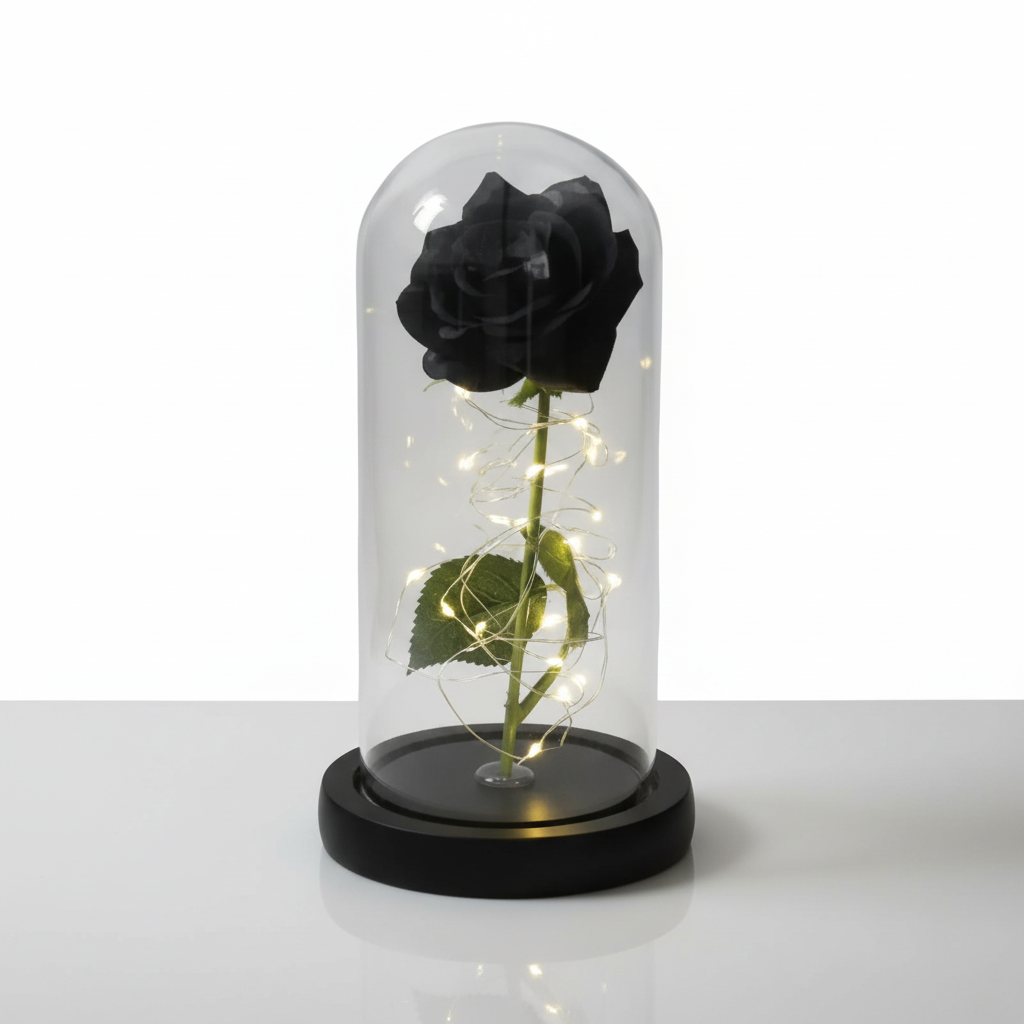Rose Eternelle Noir Sous Cloche Veilleuse de rêve