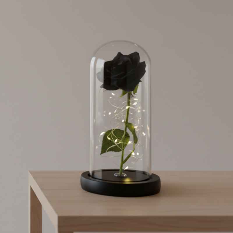 rose éternelle noire sous cloche illuminée lumière douce romantique