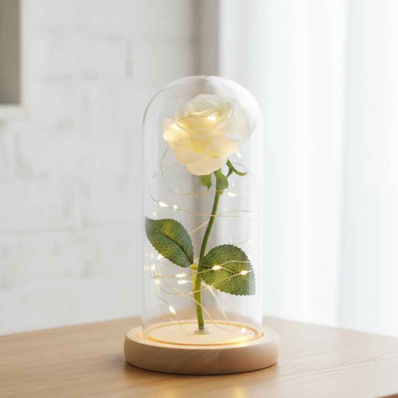 Rose éternelle blanche sous cloche sur table de nuit chambre romantique