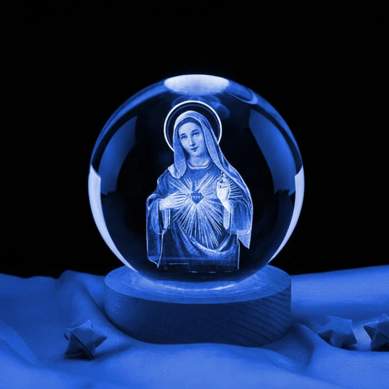 Lampe boule cristal Vierge Marie gravure laser 360°