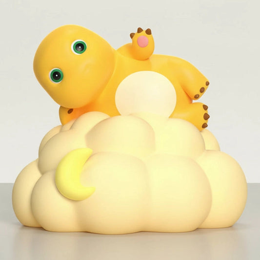 veilleuse dinosaure bébé LED content allumée sur table de chevet dans chambre enfant