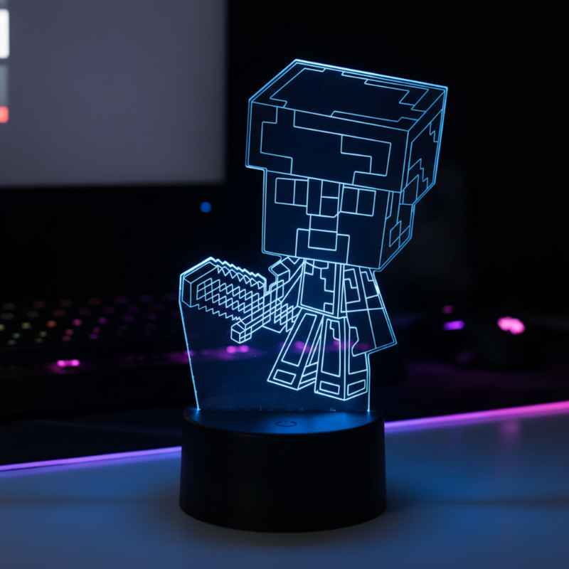 Veilleuse Minecraft 3D junior allumée dans chambre gaming décorée