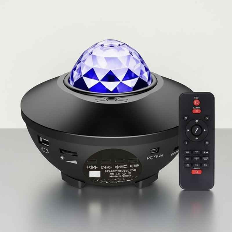 Veilleuse projection plafond LED ciel étoilé bleue posée sur table de nuit